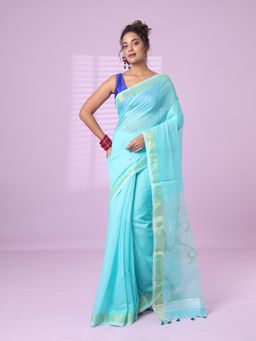 CHARUKRITI - Sea Green Cotton Silk Saree Zari Border with Unstitched Blouse