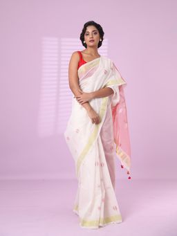 CHARUKRITI - Off White Cotton Silk Saree Zari Border with Unstitched Blouse