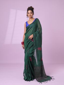 CHARUKRITI - Green Flower Motifs Linen Saree Sequence Work with Unstitched Blouse