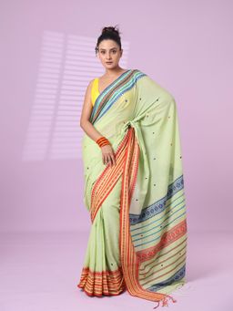 CHARUKRITI - Pistachio Green Cotton Handspun Soft Saree Texture Border with Unstitched Blouse
