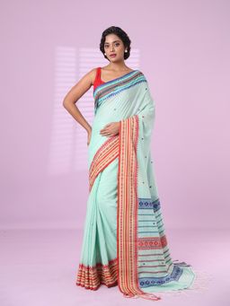 CHARUKRITI - Sea Green Cotton Handspun Soft Saree Texture Border with Unstitched Blouse