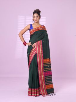 CHARUKRITI - Bottle Green Cotton Handspun Soft Saree Texture Border with Unstitched Blouse