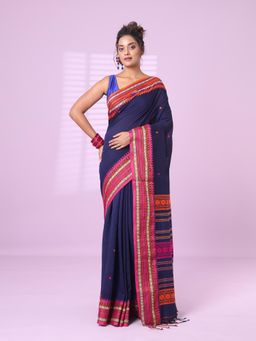CHARUKRITI - Blue Cotton Handspun Soft Saree Texture Border with Unstitched Blouse