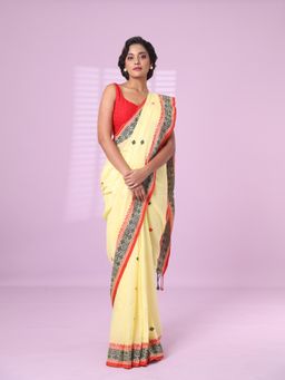 CHARUKRITI - Yellow Cotton Handspun Soft Saree with Unstitched Blouse