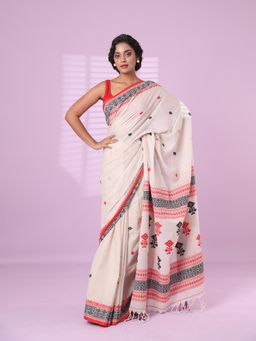 CHARUKRITI - Light Beige Cotton Handspun Soft Saree with Unstitched Blouse
