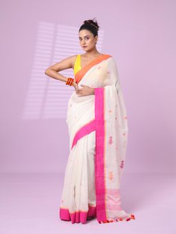 CHARUKRITI - Off White Linen Saree Ganga Jamuna Border with Unstitched Blouse