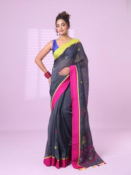 CHARUKRITI - Dark Grey Linen Saree Ganga Jamuna Border with Unstitched Blouse