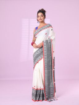 CHARUKRITI - White Cotton Handspun Soft Saree Paisley Motifs with Unstitched Blouse