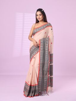 CHARUKRITI - Beige Cotton Handspun Soft Saree Paisley Motifs with Unstitched Blouse