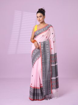 CHARUKRITI - Pink Cotton Handspun Soft Saree Paisley Motifs with Unstitched Blouse