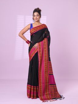 CHARUKRITI - Black Cotton Handspun Soft Saree Paisley Motifs with Unstitched Blouse