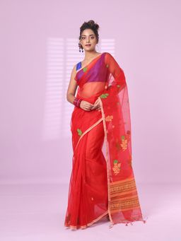 CHARUKRITI - Red Muslin Saree Floral Designs with Unstitched Blouse