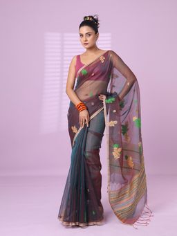 CHARUKRITI - Green Muslin Duel-Tone Saree Floral Designs with Unstitched Blouse