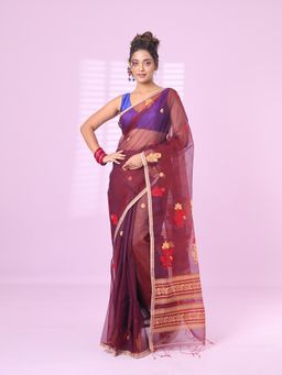 CHARUKRITI - Maroon Muslin Saree Floral Designs with Unstitched Blouse