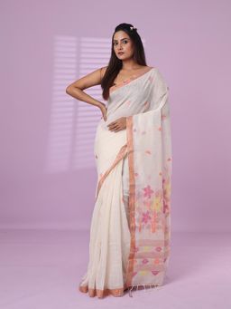 CHARUKRITI - Off White Foliage Motifs Linen Saree Zari Border with Unstitched Blouse