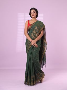 CHARUKRITI - Green Cotton Handspun Soft Saree Zari Woven with Unstitched Blouse