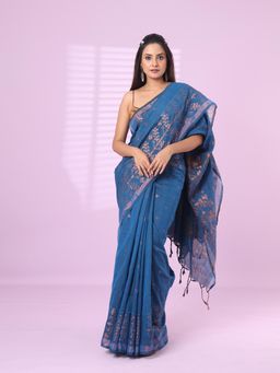 CHARUKRITI - Sapphire Blue Cotton Handspun Soft Saree Zari Woven with Unstitched Blouse