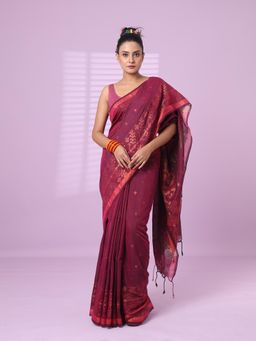 CHARUKRITI - Magenta Cotton Handspun Soft Saree Zari Woven with Unstitched Blouse