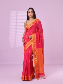 CHARUKRITI - Pink Cotton Handspun Soft Saree Woven Fish Pattern with Unstitched Blouse