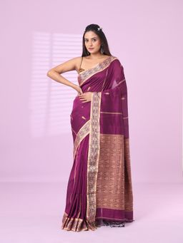 CHARUKRITI - Purple Cotton Handspun Soft Saree Woven Fish Pattern with Unstitched Blouse