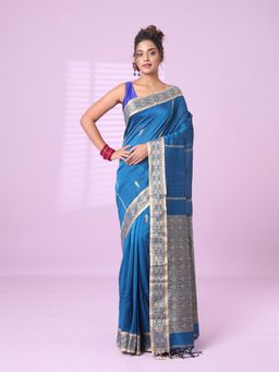 CHARUKRITI - Sapphire Blue Cotton Handspun Soft Saree Woven Fish Pattern with Unstitched Blouse