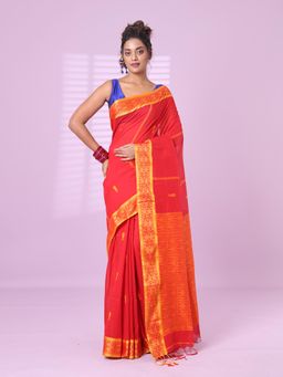 CHARUKRITI - Red Cotton Handspun Soft Saree Woven Fish Pattern with Unstitched Blouse