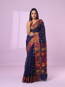 CHARUKRITI - Midnight Blue Texture Motifs Cotton Silk Saree Floral Border with Unstitched Blouse
