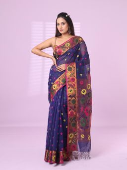 CHARUKRITI - Violet Texture Motifs Cotton Silk Saree Floral Border with Unstitched Blouse