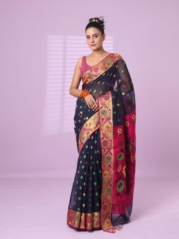 CHARUKRITI - Navy Blue Texture Motifs Cotton Silk Saree Floral Border with Unstitched Blouse