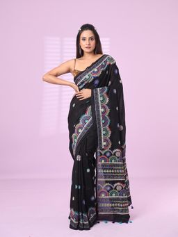 CHARUKRITI - Black Chiffon Georgette Soft Saree Thread Embroidered Work with Unstitched Blouse