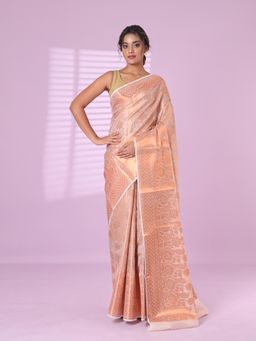 CHARUKRITI - All Over Zari Weaving Off White Brocade Silk Soft Saree with Unstitched Blouse