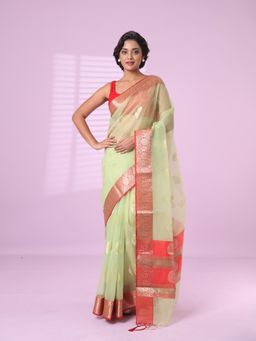 CHARUKRITI - Green Organza Saree Zari Weave Border with Unstitched Blouse