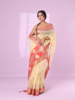 CHARUKRITI - Beige Organza Saree Zari Weave Border with Unstitched Blouse