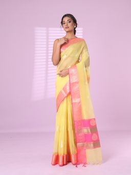 CHARUKRITI - Yellow Organza Saree Zari Weave Border with Unstitched Blouse