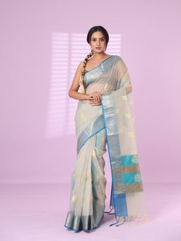 CHARUKRITI - Ecru Organza Saree Zari Weave Border with Unstitched Blouse
