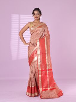 CHARUKRITI - Red Crush Tissue Saree Zari Border with Unstitched Blouse