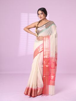 CHARUKRITI - White Resham Kota Checkbox Saree Ganga Jamuna Zari Border with Unstitched Blouse