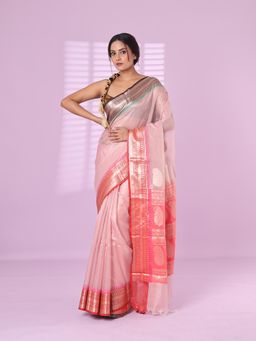 CHARUKRITI - Baby Pink Tissue Checkbox Saree Ganga Jamuna Zari Border with Unstitched Blouse