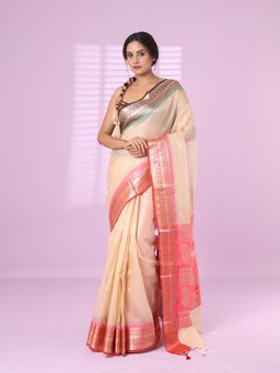 CHARUKRITI - Beige Tissue Checkbox Pattern Saree Ganga Jamuna Zari Border with Unstitched Blouse