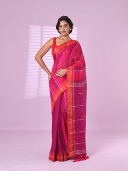 CHARUKRITI - Pink Cotton Soft Saree Zari Stripe Border with Unstitched Blouse