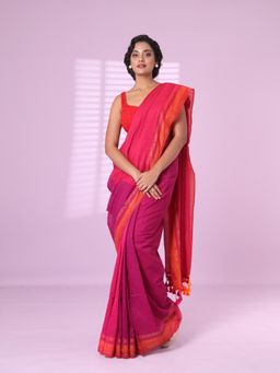 CHARUKRITI - Pink Cotton Soft Saree Zari Stripe Border with Unstitched Blouse