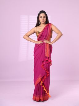 CHARUKRITI - Pink Cotton Soft Saree Zari Stripe Border with Unstitched Blouse