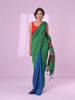 CHARUKRITI - Green & Sapphire Blue Patli Pallu Cotton Soft Saree Stripes Zari with Unstitched Blouse