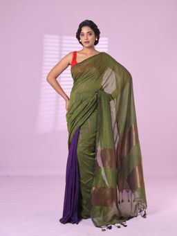 CHARUKRITI - Moss Olive & Purple Patli Pallu Cotton Soft Saree Stripes Zari with Unstitched Blouse