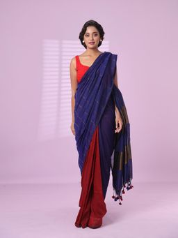 CHARUKRITI - Blue and Red Patli Pallu Cotton Soft Saree Stripes Zari with Unstitched Blouse