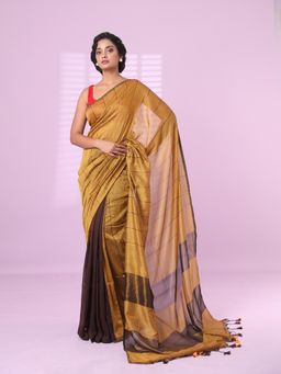 CHARUKRITI - Yellow and Brown Patli Pallu Cotton Soft Saree Stripes Zari with Unstitched Blouse