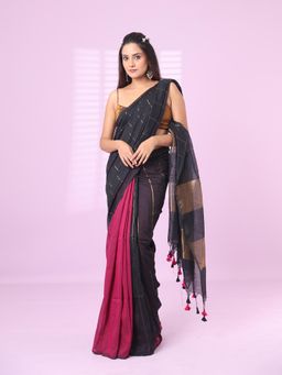 CHARUKRITI - Black and Magenta Patli Pallu Cotton Soft Saree Stripes Zari with Unstitched Blouse