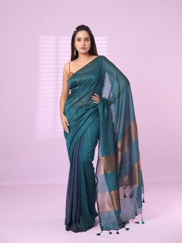 CHARUKRITI - Teal & Aegean Blue Patli Pallu Cotton Soft Saree Stripes Zari with Unstitched Blouse