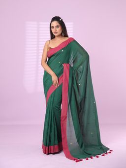 CHARUKRITI - Green Cotton Sequence Work Soft Saree Contrast Border with Unstitched Blouse
