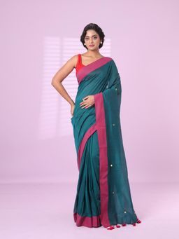 CHARUKRITI - Teal Cotton Sequence Work Soft Saree Contrast Border with Unstitched Blouse